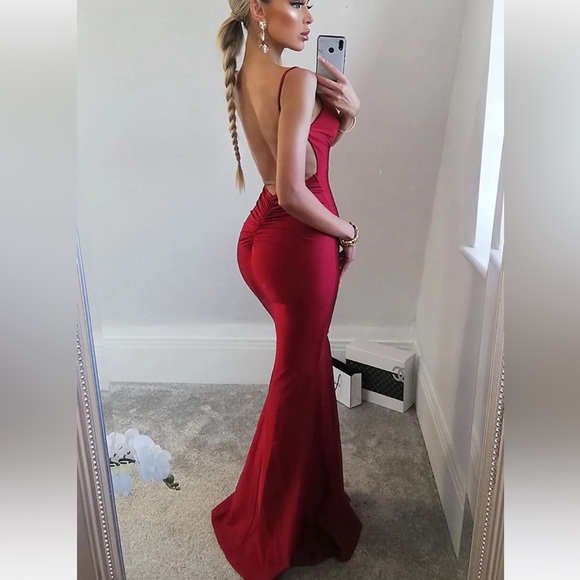 Ruby Red Minimal Glitter Sparkle Sequin Open Back Prom evening dress train gown - Picture 2 of 8